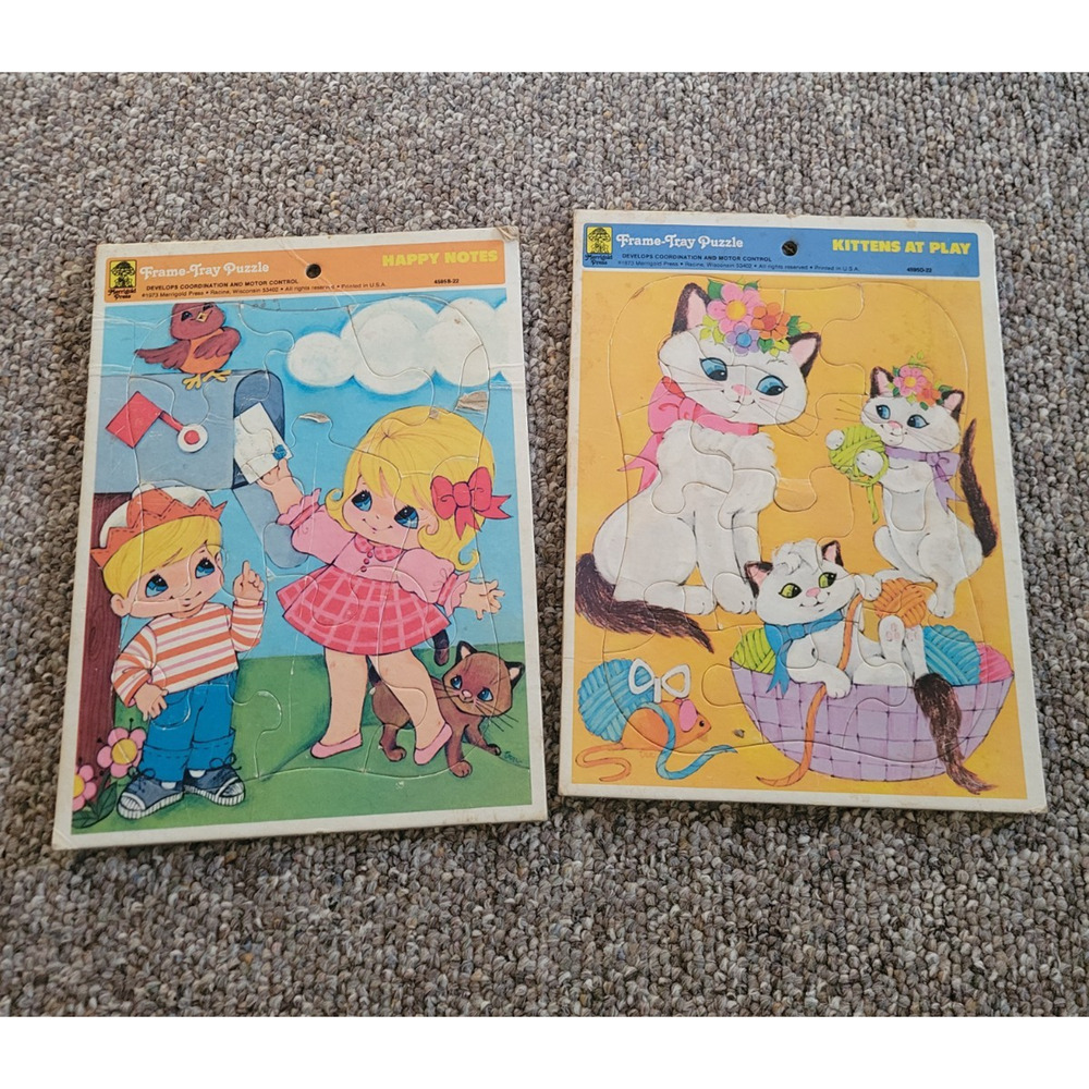 Vtg Merrigold Press Frame Tray Puzzle Happy Notes &‎ Kittens at Play Lot of 2